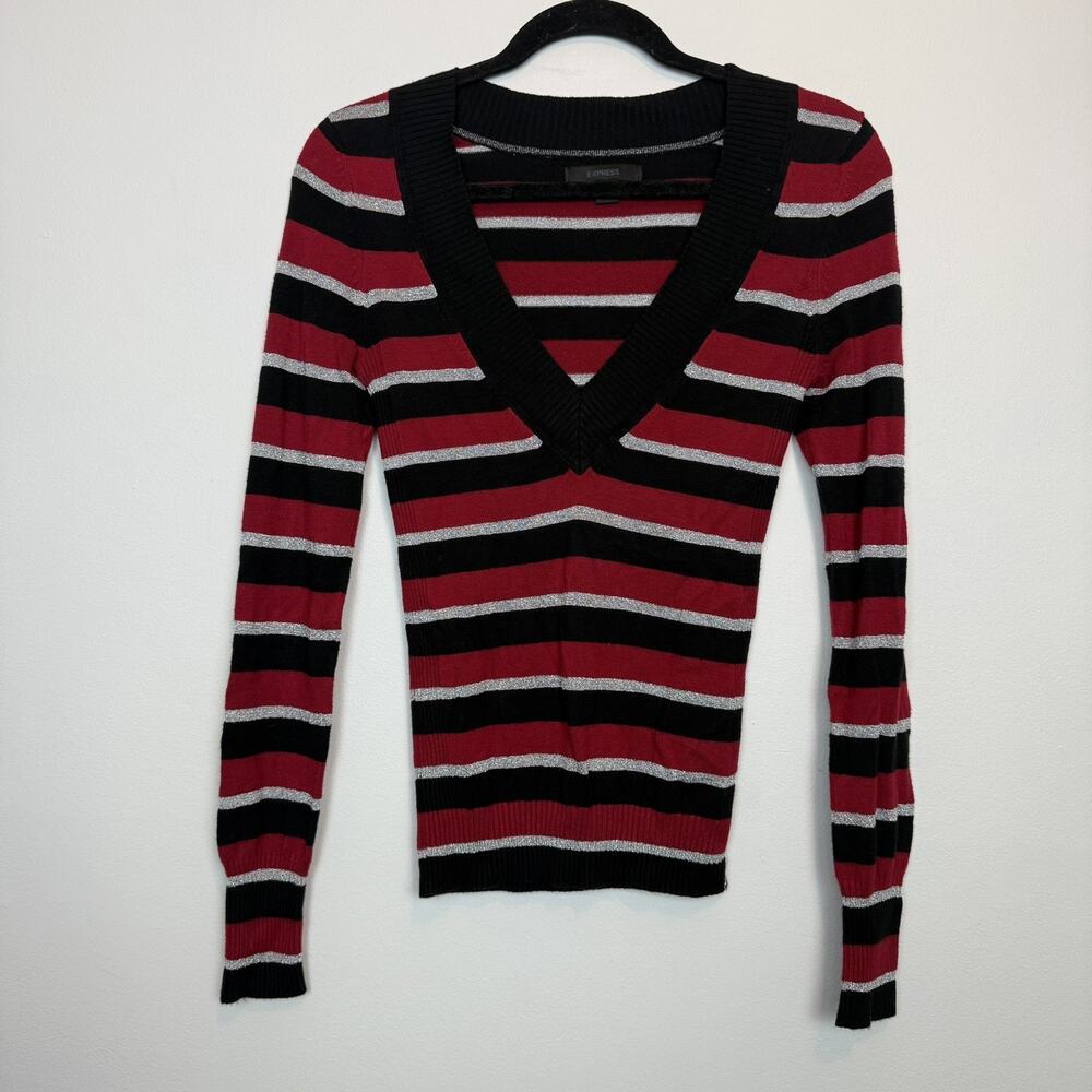 Vintage Express y2k striped v neck sweater preppy grungey size small